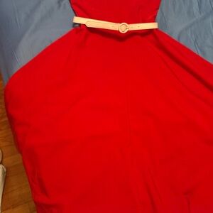 Bettie Page Asymmetrical One Strap Red Dress with White Belt